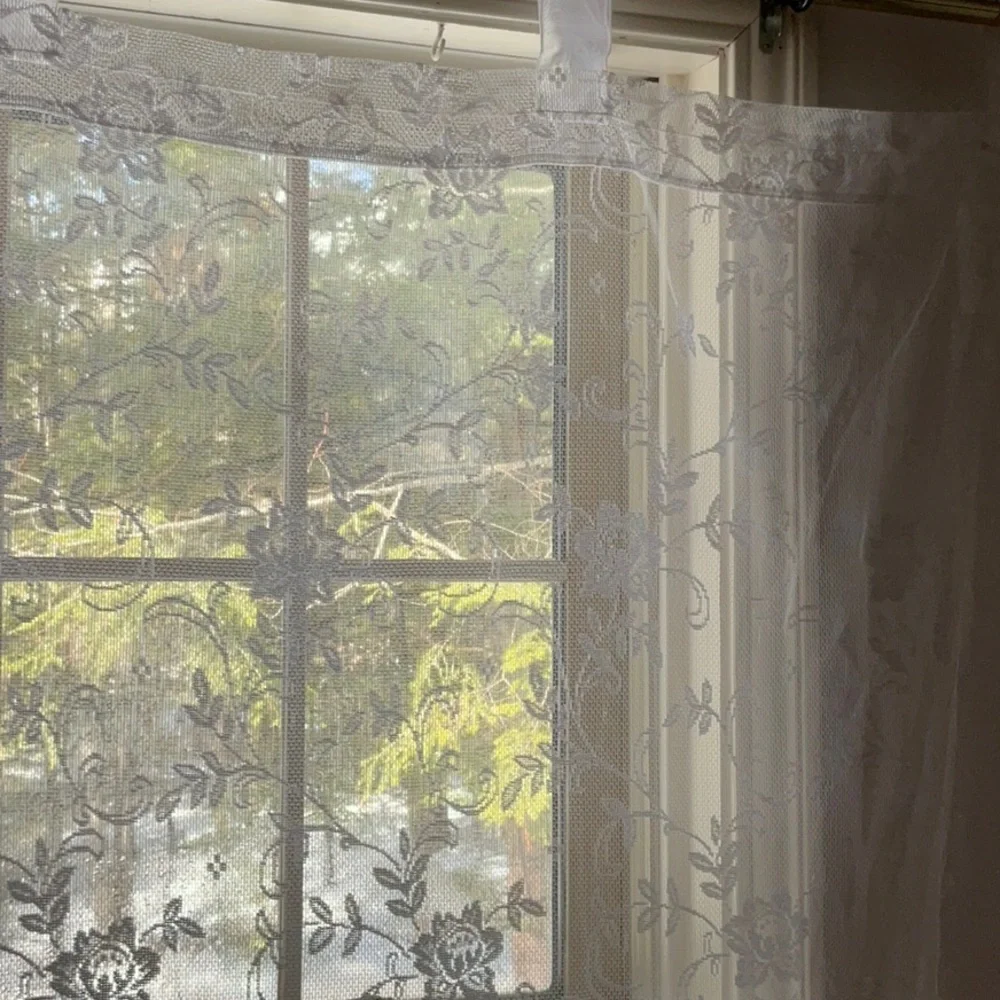 Elegant White Lace Curtain Panels Floral, Scalloped Bottom - 74” x 56” -Set of 3